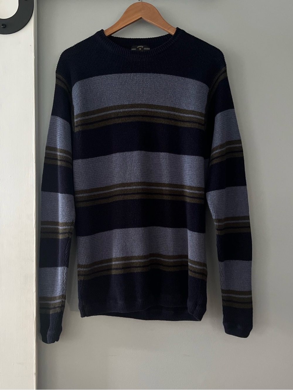 Vintage North Bay Outfitters Linen Cotton Striped Blue Navy Olive Green Sweater